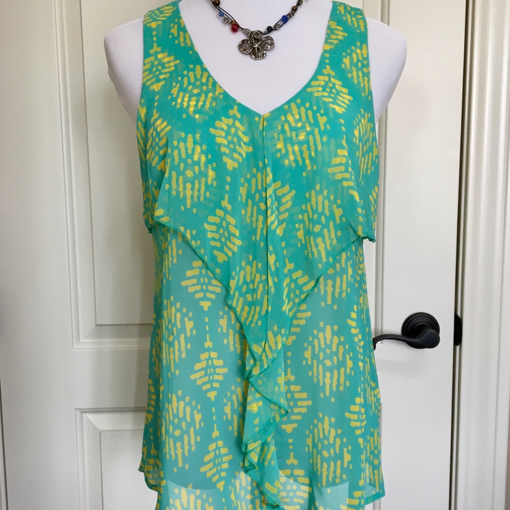 Teal/yellow sheer women’s top Size L